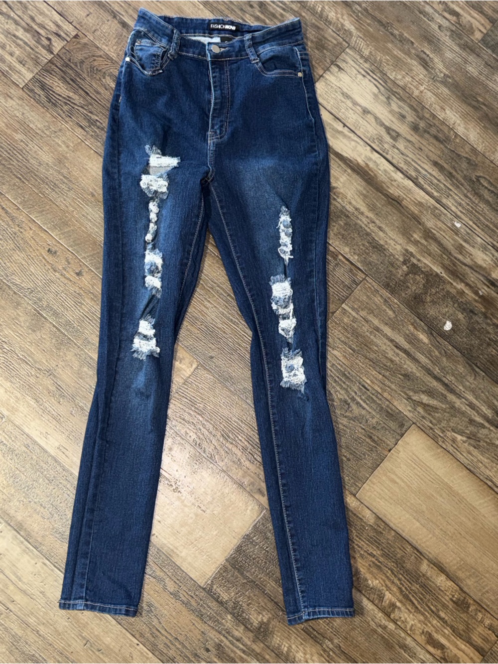 Fashion Nova Dark Blue Distressed Skinny Jeans